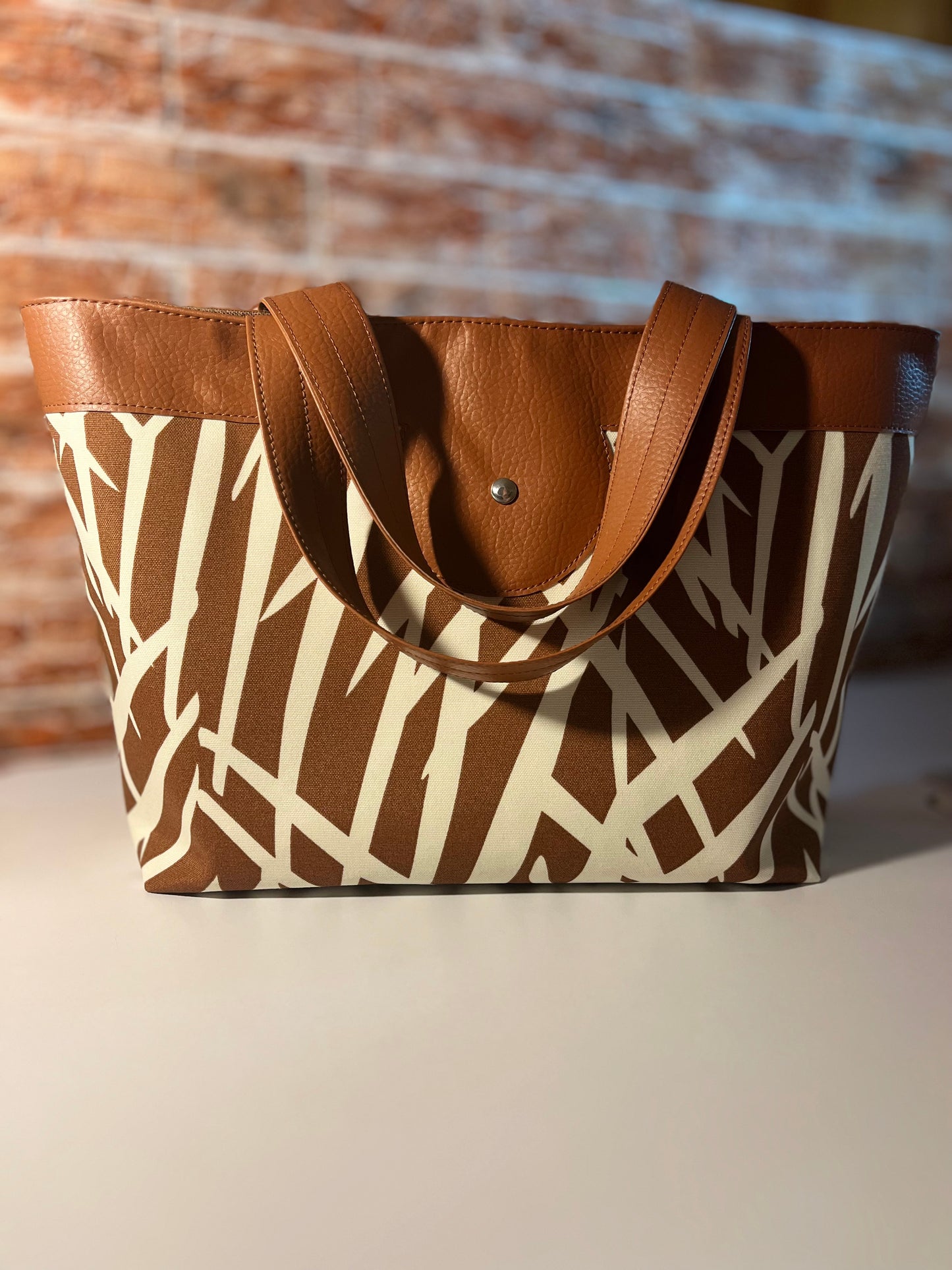 (RTS) Canvas Handbag - Tropical Palm Print / COLORS:  (Brown or Orange)