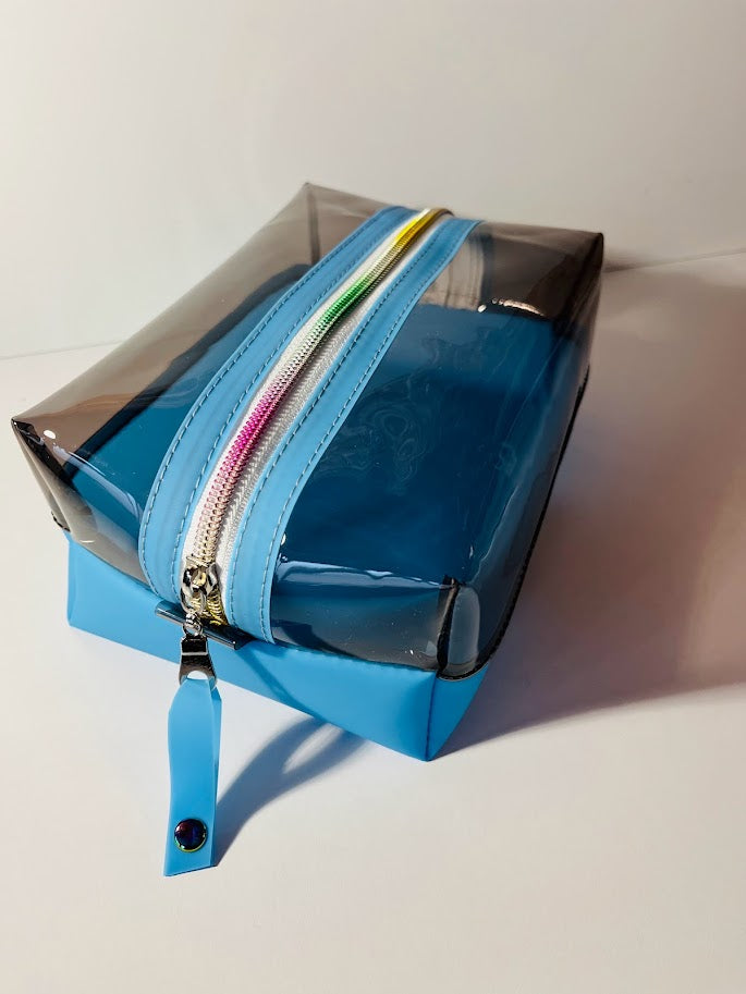 Boxy Bag Pouch - 2pc. SET OR 1 - Pouch:  Black / (Hot Blue) Bottom - White/Rainbow Zipper