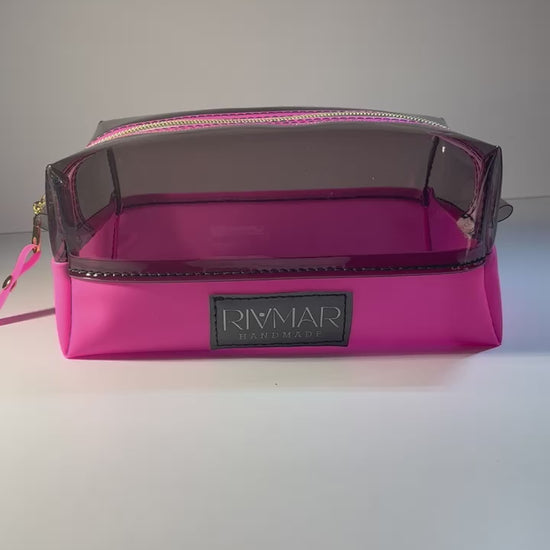 Beautiful - Boxy (Vinyl) Pouch Bags with plenty of room to store your Makeup, Cosmetic, Toiletry or Traveling neccessities.   Available in Light Blue and Hot Pink with a white and gold Nylon Zipper.     IN STOCK !! / READY TO SHIP  (5-10 Business Days)