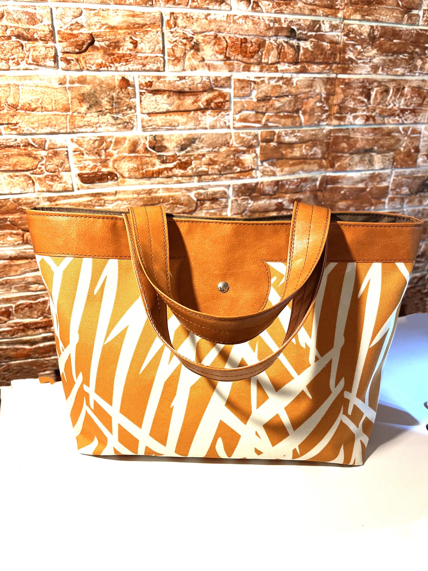 (RTS) Canvas Handbag - Tropical Palm Print / COLORS:  (Brown or Orange)